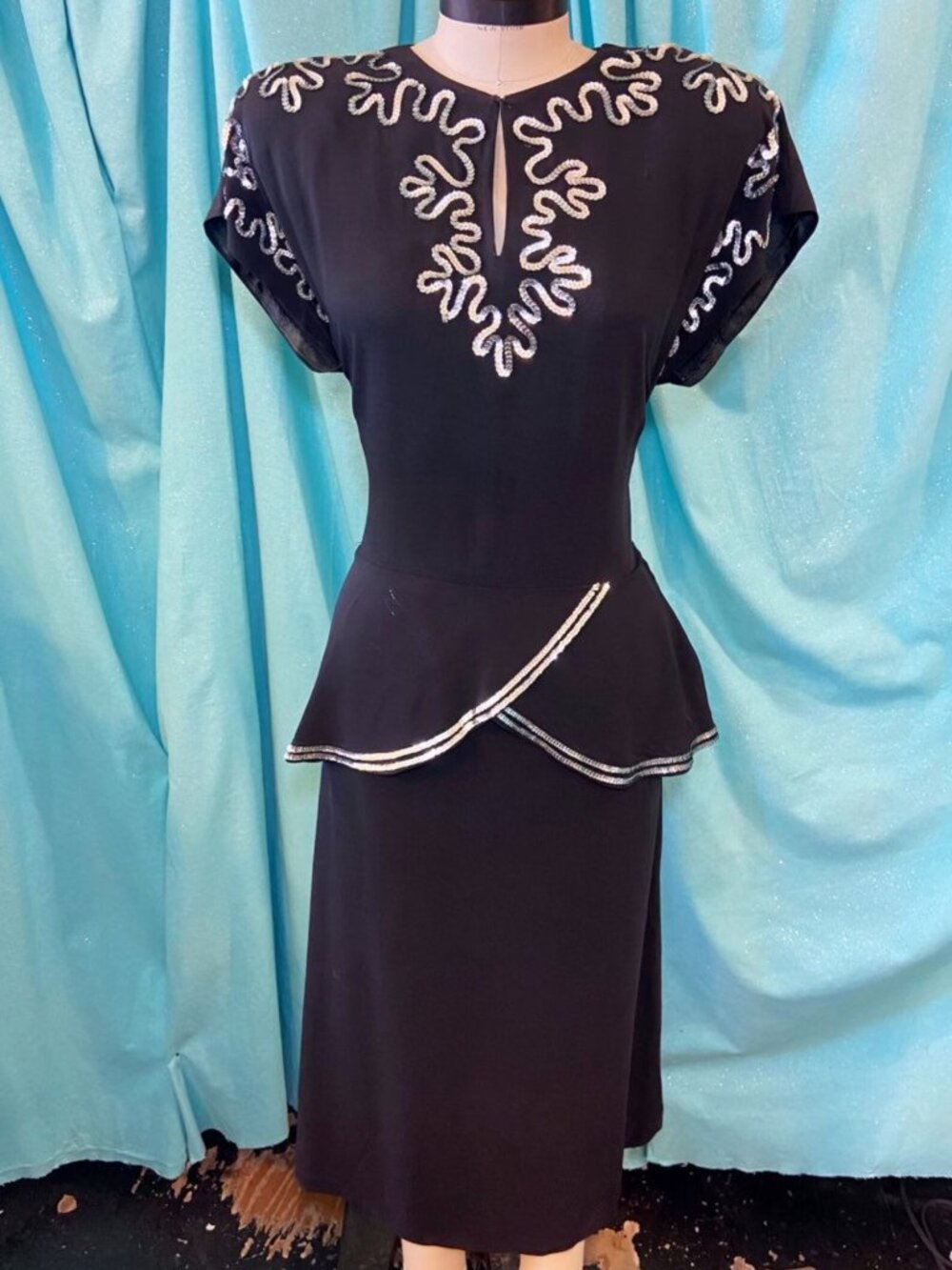1940s Vintage Black Dress with silver sequin